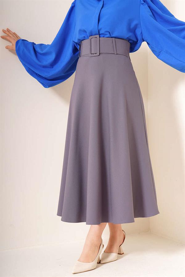 Thick Belted Flared Skirt Slate Gray