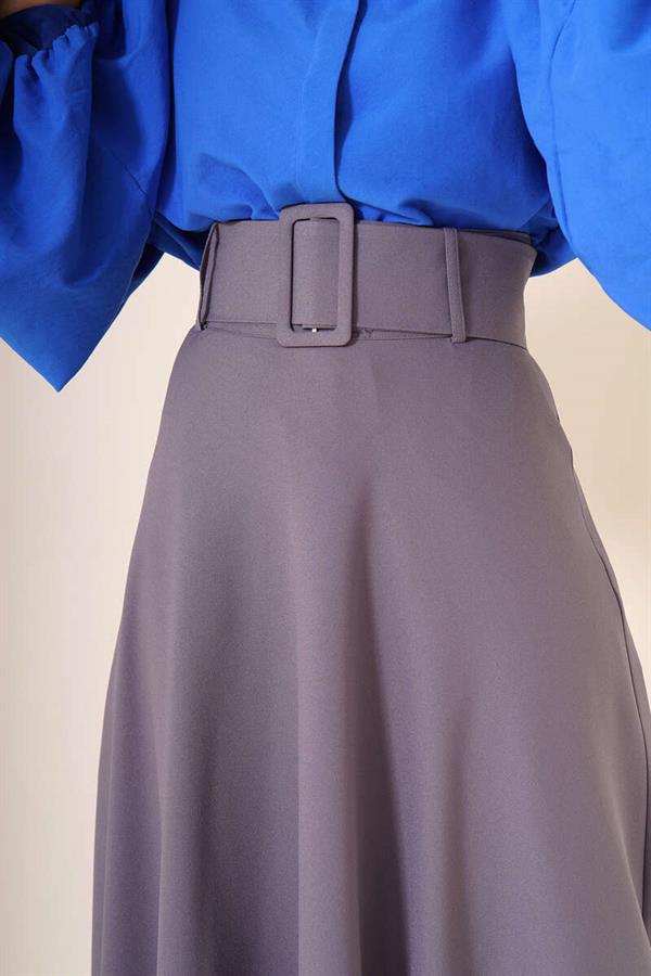 Thick Belted Flared Skirt Slate Gray