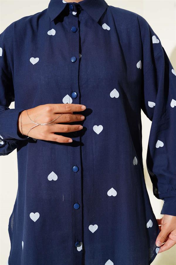 Heart Printed Linen Shirt Navy Blue
