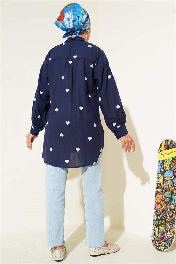 Heart Printed Linen Shirt Navy Blue