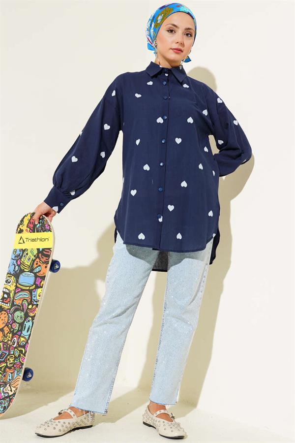 Heart Printed Linen Shirt Navy Blue