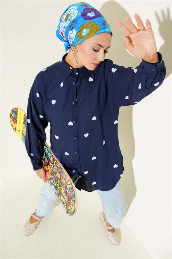 Heart Printed Linen Shirt Navy Blue