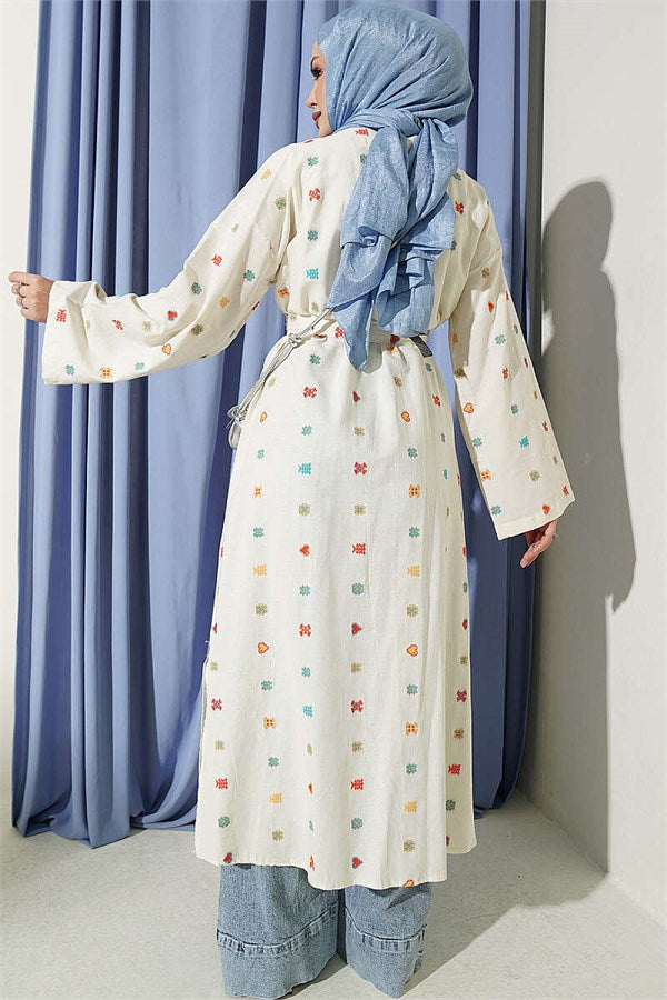 Heart Patterned Linen Kimono Beige