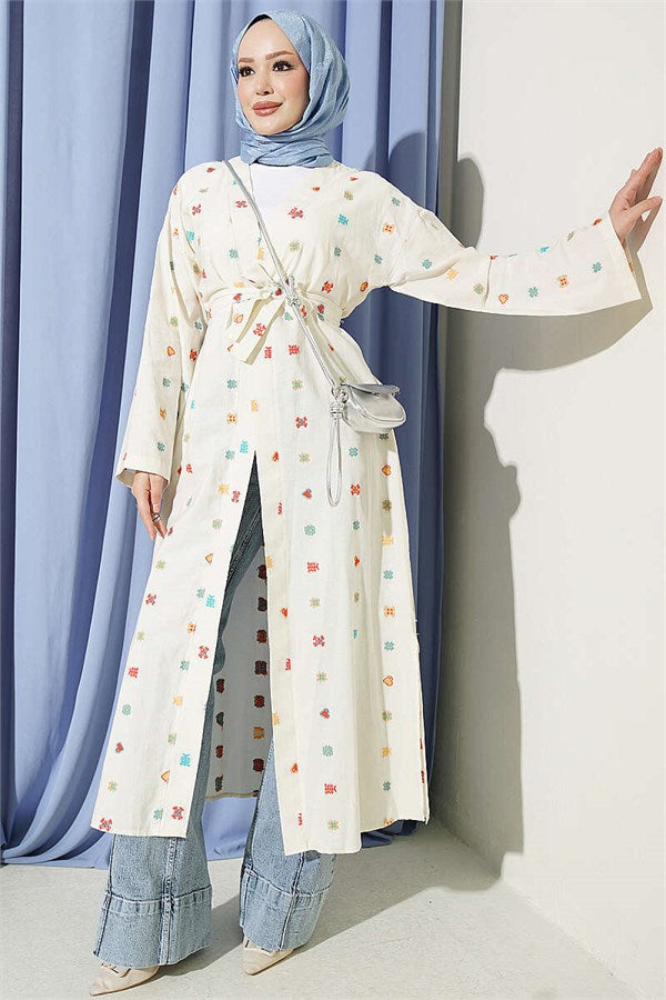 Heart Patterned Linen Kimono Beige