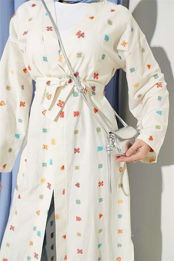 Heart Patterned Linen Kimono Beige