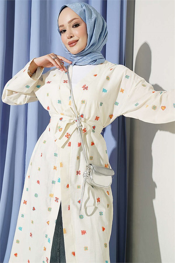Heart Patterned Linen Kimono Beige
