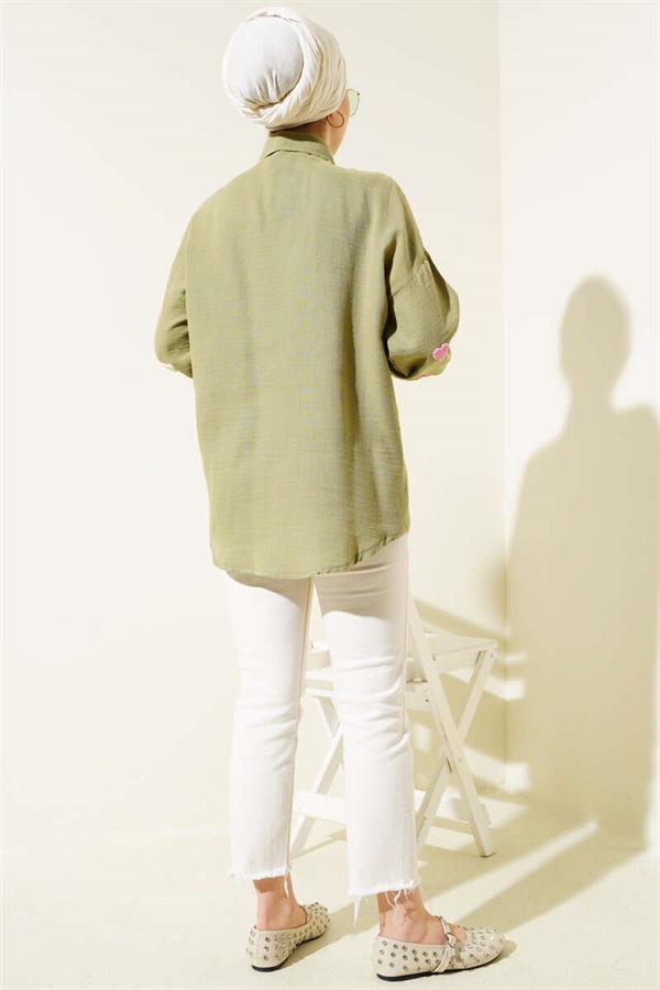 Heart Embroidered Linen Shirt Khaki