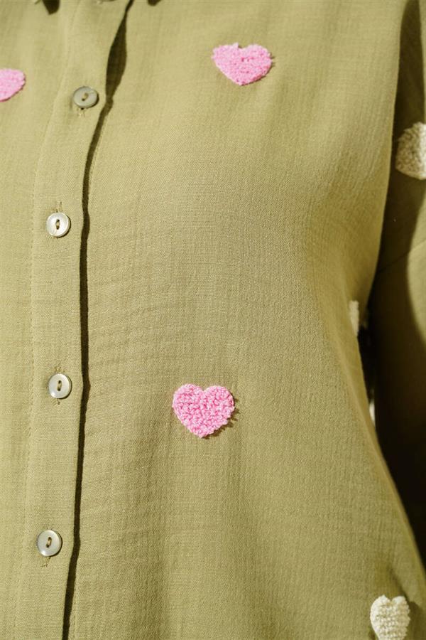 Heart Embroidered Linen Shirt Khaki
