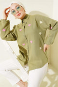 Heart Embroidered Linen Shirt Khaki