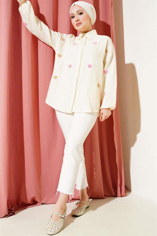 Cream Linen Shirt with Heart Embroidery
