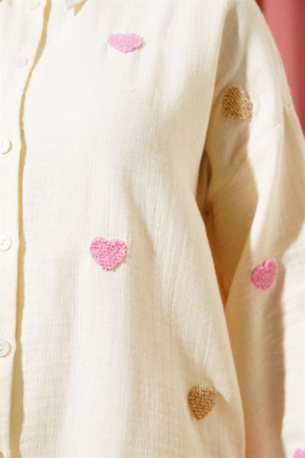 Cream Linen Shirt with Heart Embroidery