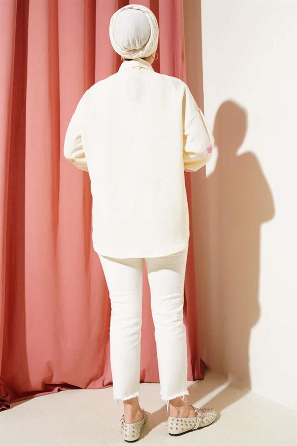 Cream Linen Shirt with Heart Embroidery