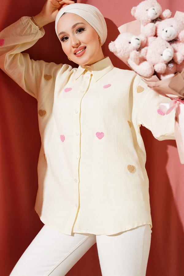 Cream Linen Shirt with Heart Embroidery