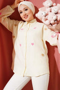 Cream Linen Shirt with Heart Embroidery