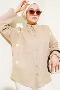 Heart Embroidered Linen Shirt Latte