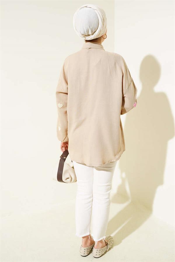 Heart Embroidered Linen Shirt Latte