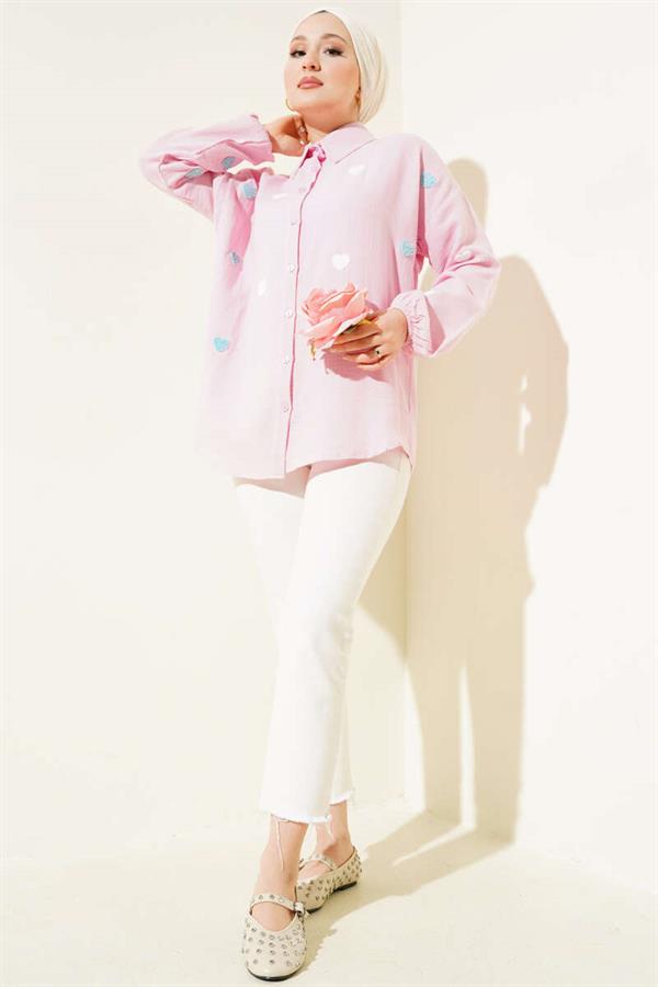 Heart Embroidered Linen Shirt Pink