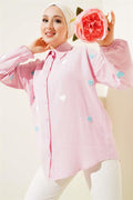 Heart Embroidered Linen Shirt Pink