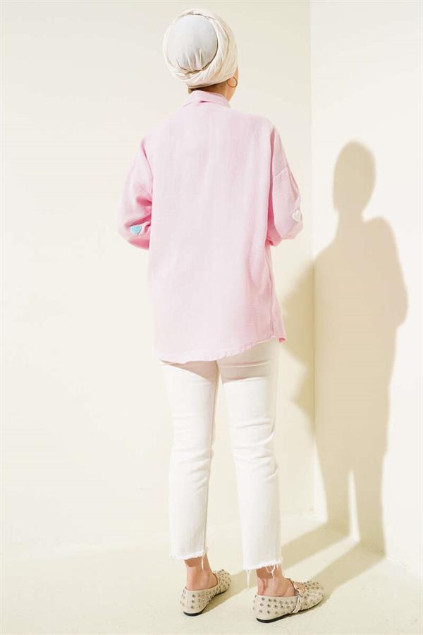 Heart Embroidered Linen Shirt Pink
