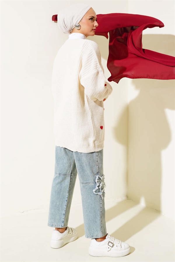 Heart Embroidered Knitted Cardigan Beige