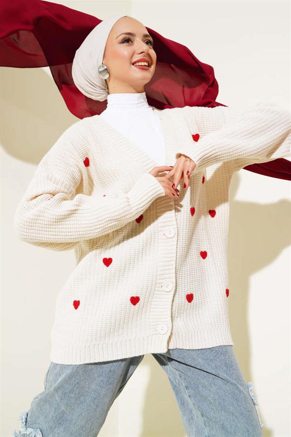 Heart Embroidered Knitted Cardigan Beige