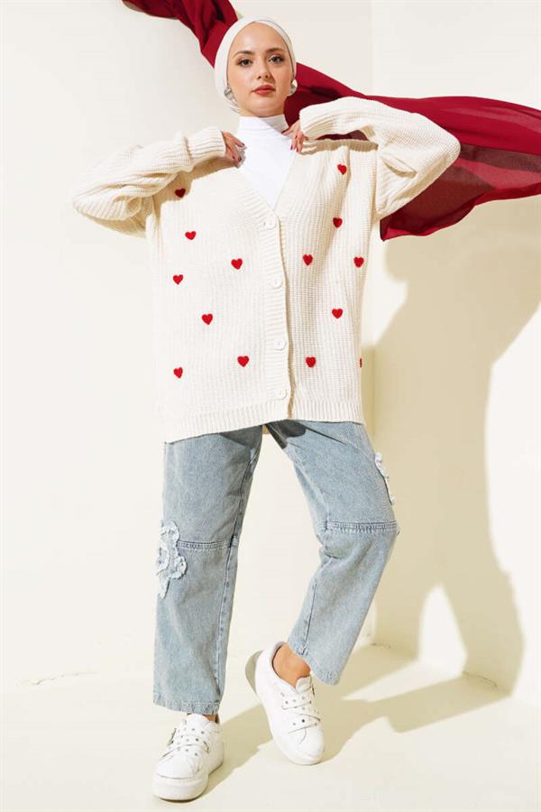 Heart Embroidered Knitted Cardigan Beige
