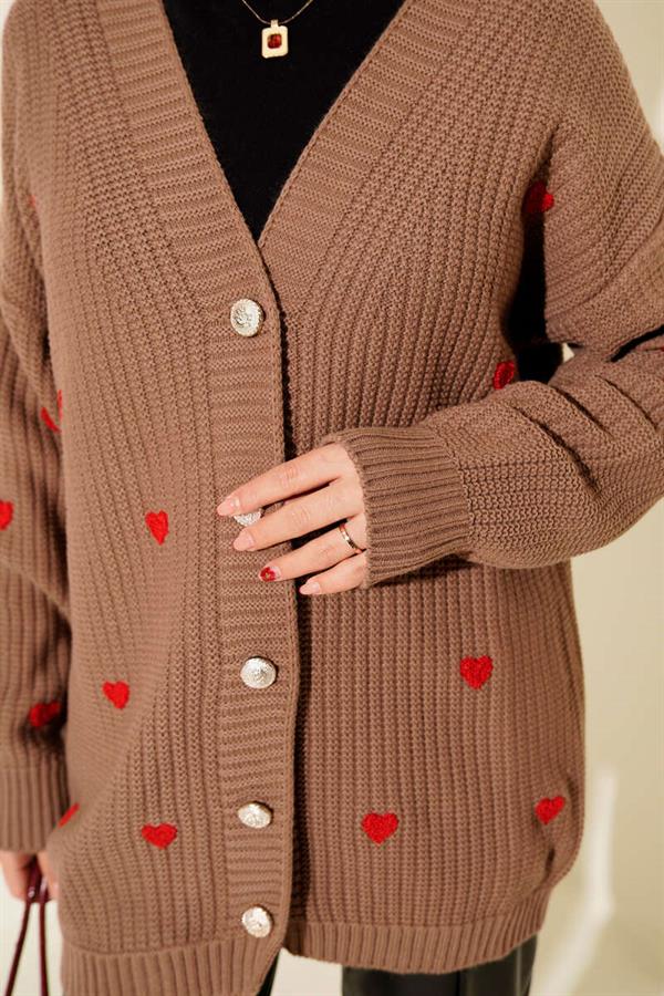 Heart Embroidered Knitted Cardigan Mink