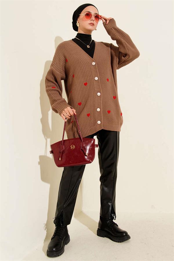 Heart Embroidered Knitted Cardigan Mink