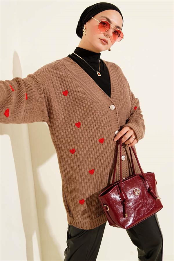 Heart Embroidered Knitted Cardigan Mink