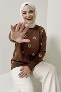 Heart Embroidered Knitwear Sweater Brown