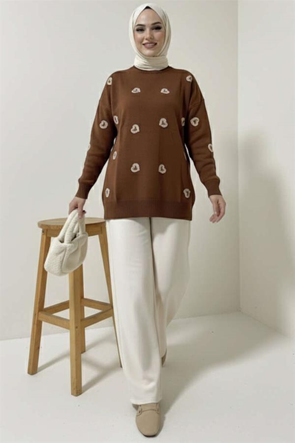 Heart Embroidered Knitwear Sweater Brown