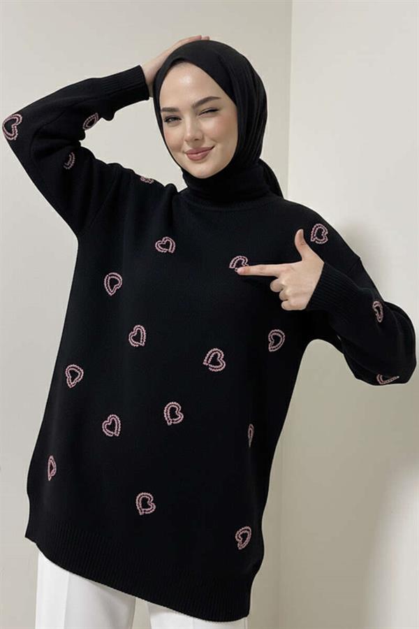 Heart Embroidered Knitwear Sweater Black