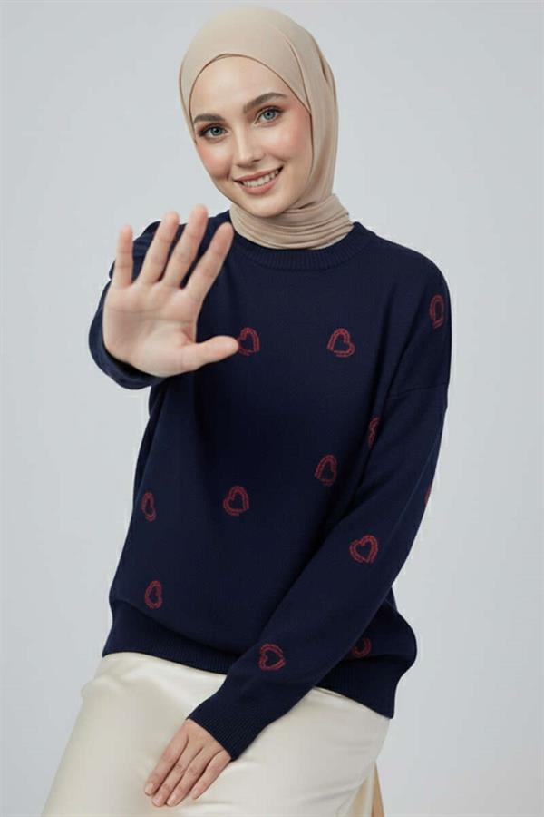 Heart Embroidered Knitwear Sweater Navy Blue