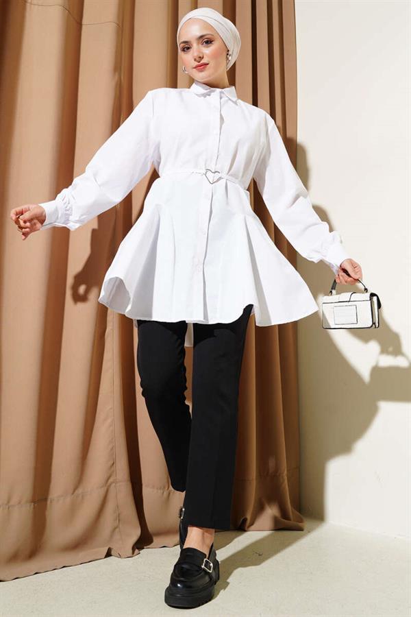 Heart Buckle Belted Shirt White