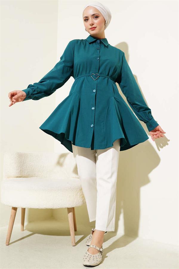 Heart Buckle Belted Shirt Petrol