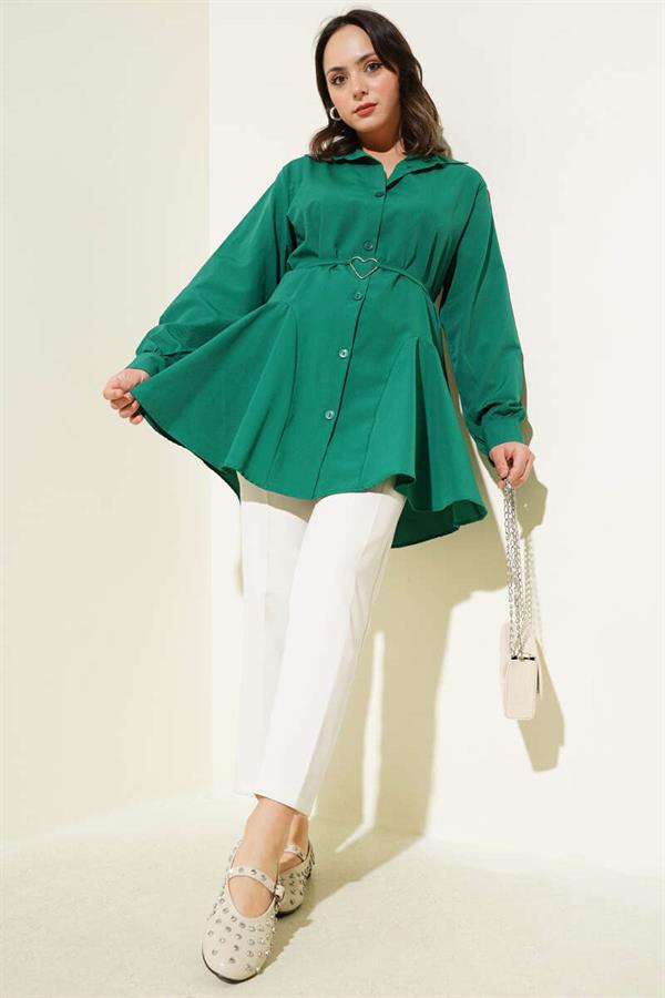 Heart Buckle Belted Shirt Emerald