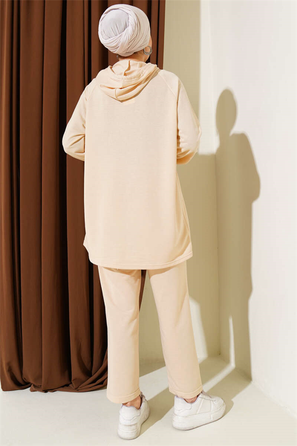 Kangaroo Pocket Zippered 2 Piece Set, Beige