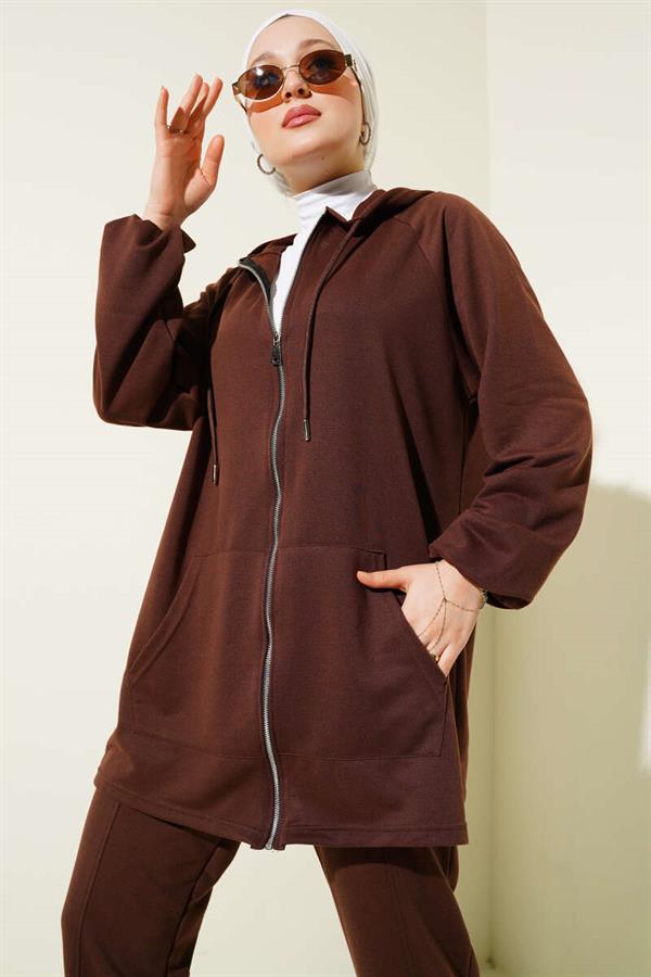 Kangaroo Pocket Zippered 2 Piece Set Brown