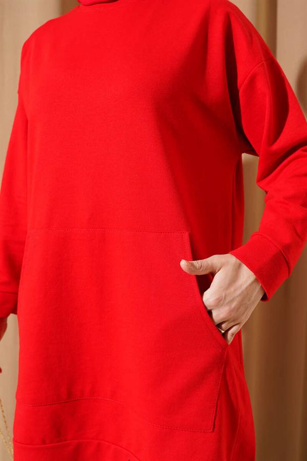 Kangaroo Pocket Double Yarn Tunic Red