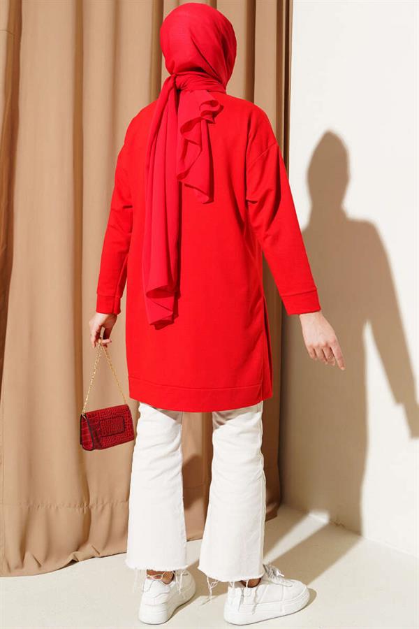 Kangaroo Pocket Double Yarn Tunic Red