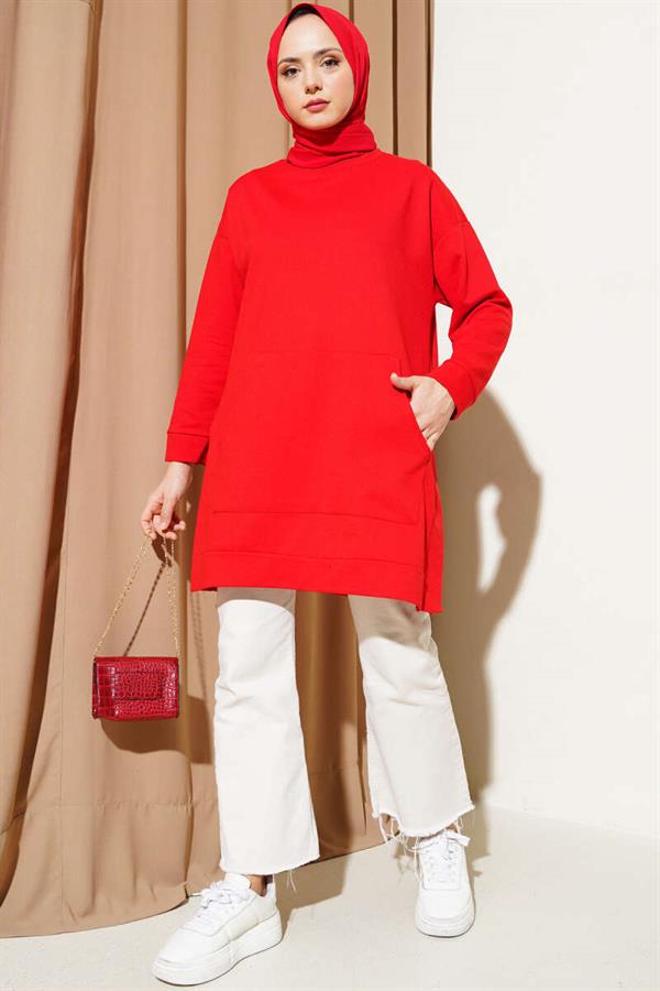 Kangaroo Pocket Double Yarn Tunic Red