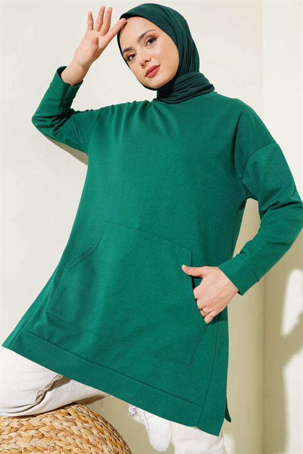 Kangaroo Pocket Double Yarn Tunic Green