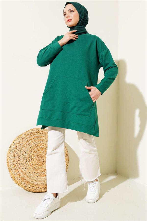 Kangaroo Pocket Double Yarn Tunic Green