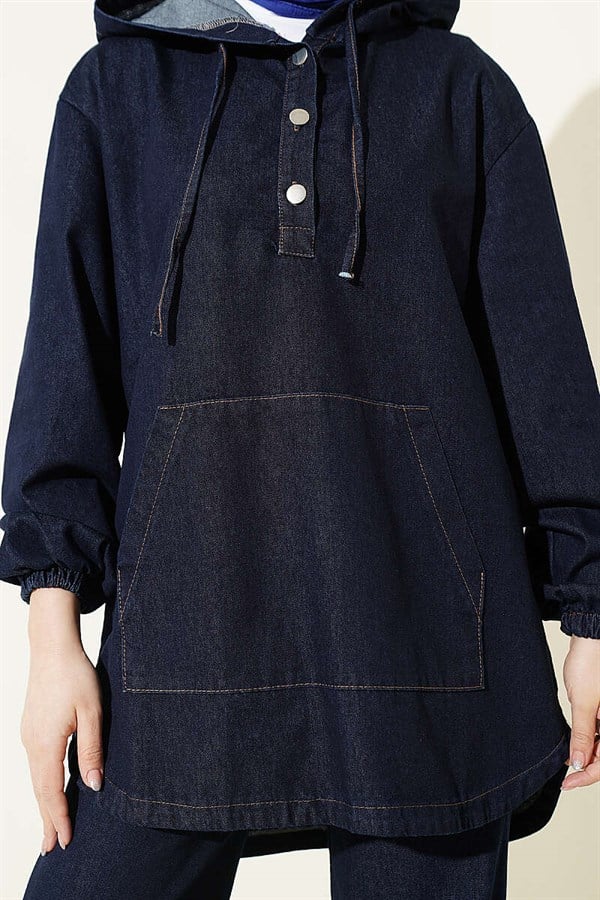 Navy Blue Hooded Denim 2 Piece Set with Kangaroo Pocket