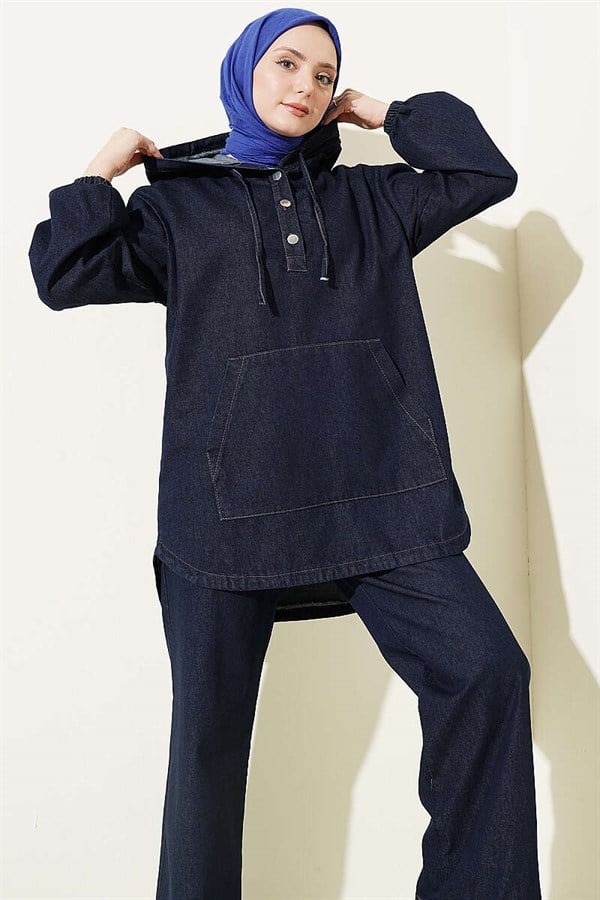 Navy Blue Hooded Denim 2 Piece Set with Kangaroo Pocket