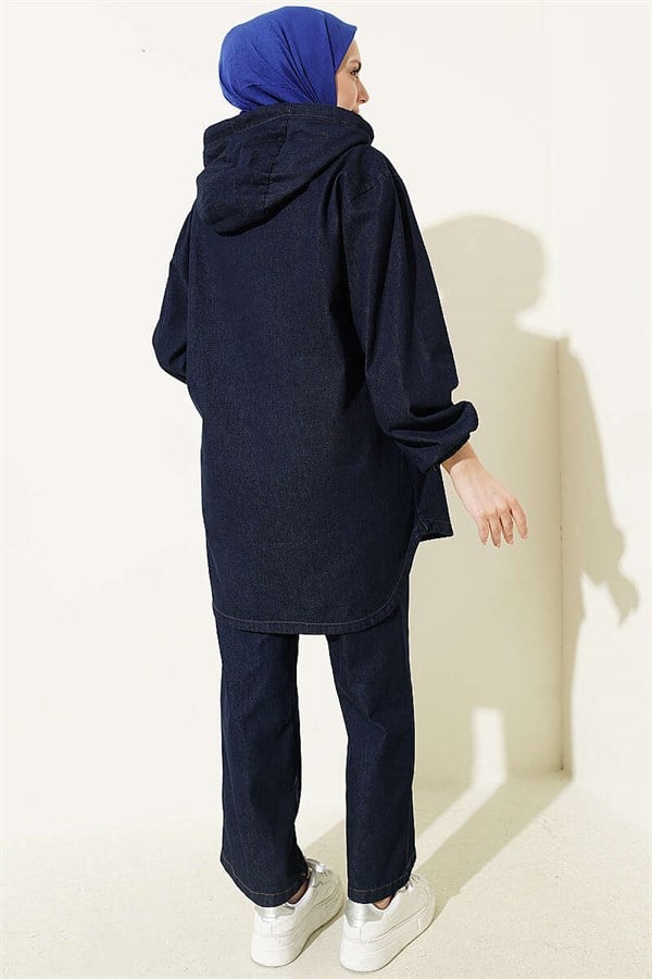 Navy Blue Hooded Denim 2 Piece Set with Kangaroo Pocket