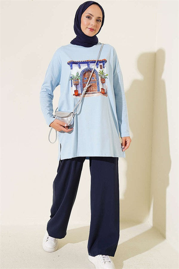 Door Print Basic Tunic Blue