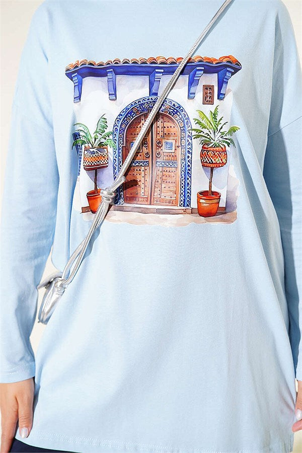 Door Print Basic Tunic Blue