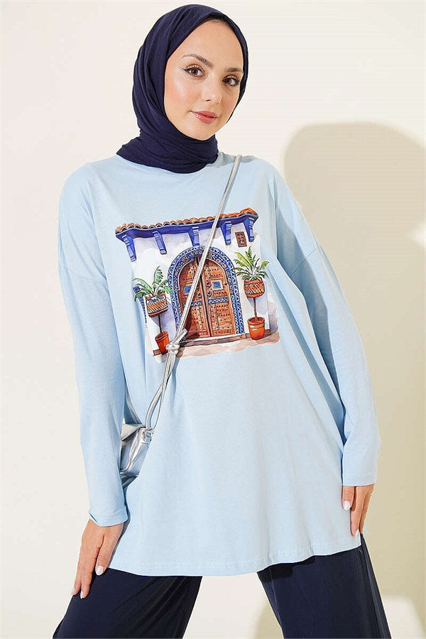 Door Print Basic Tunic Blue