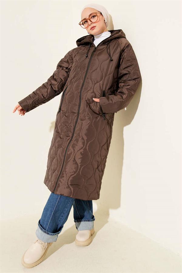 Quilted Zippered Hooded Jacket Bitter Coffee